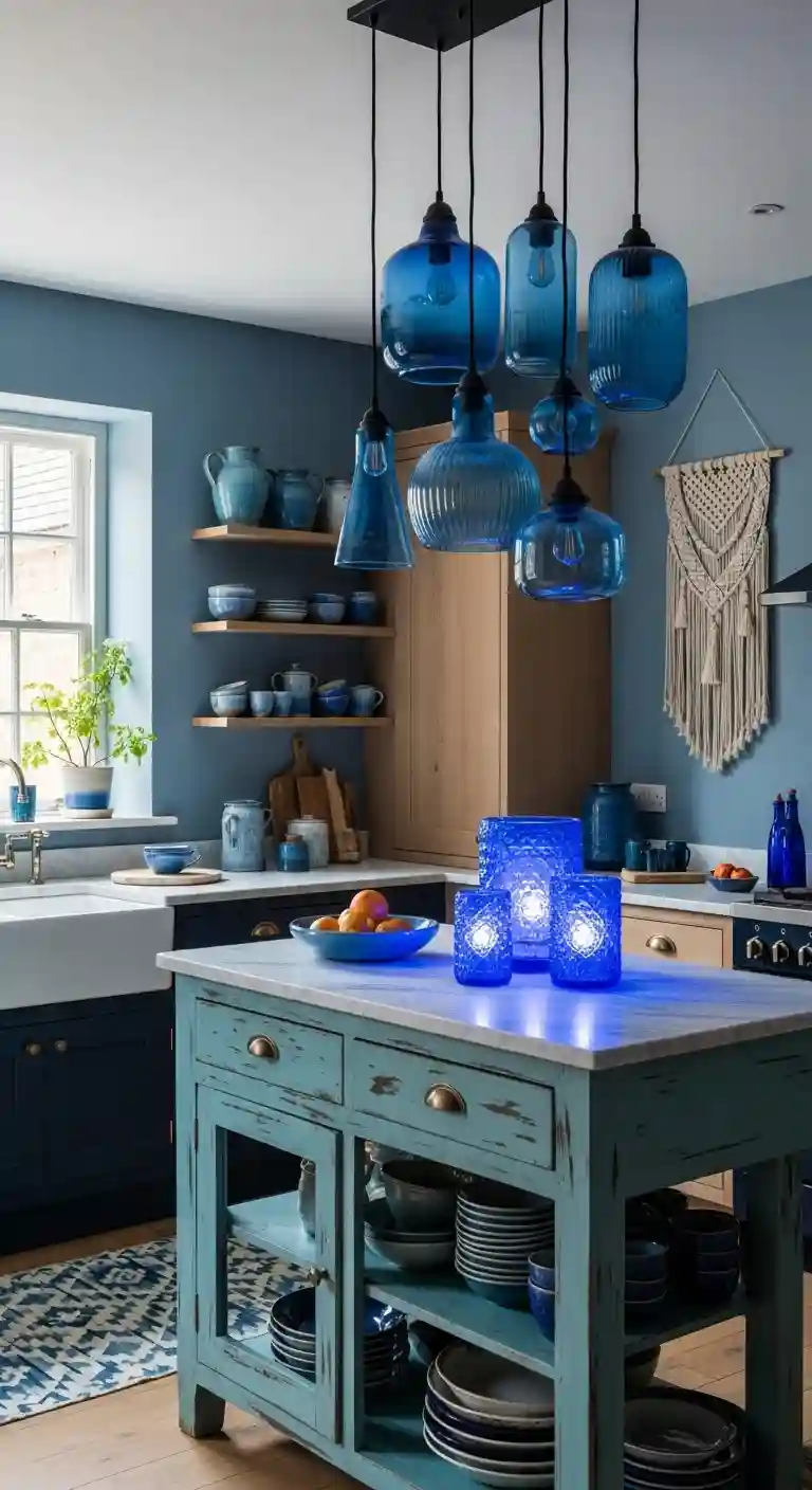 32 Boho Kitchen Blue Color Schemes for a Chic, Vibrant Look 21 19. Blue-Tinted Glass Pendant Lights