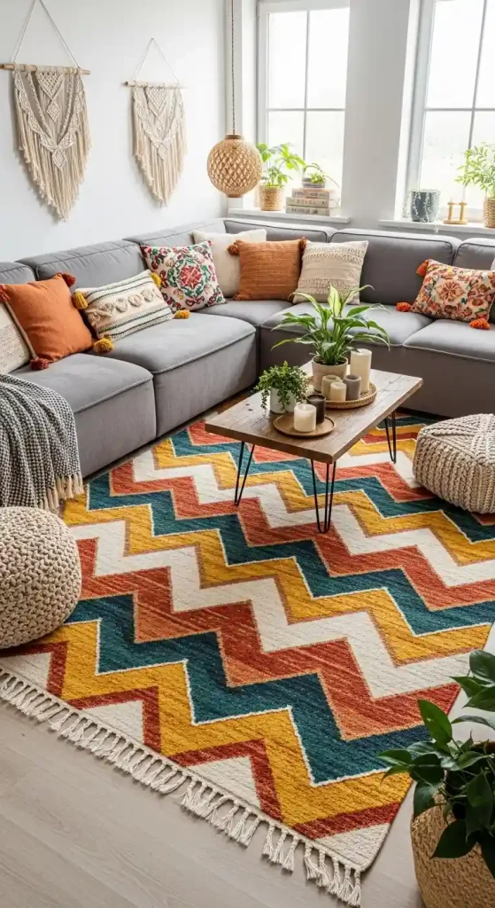 Chic Boho Living Room Rug Ideas for a Grey Couch – 35 Inspiring Looks 20 19. Bold Chevron Patterns
