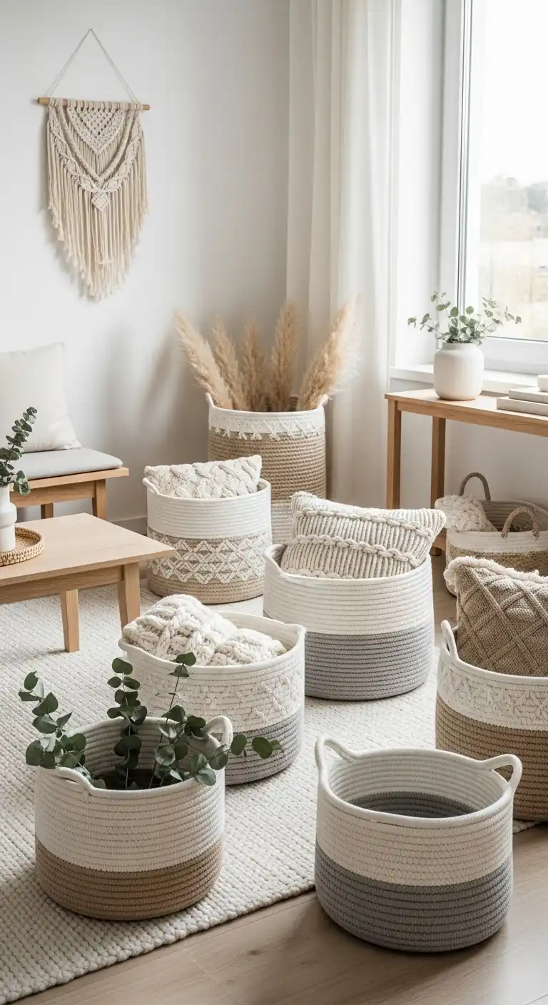 Scandinavian Boho Ideas to Create a Warm Minimalist Space 21 19. Braided Rope Baskets