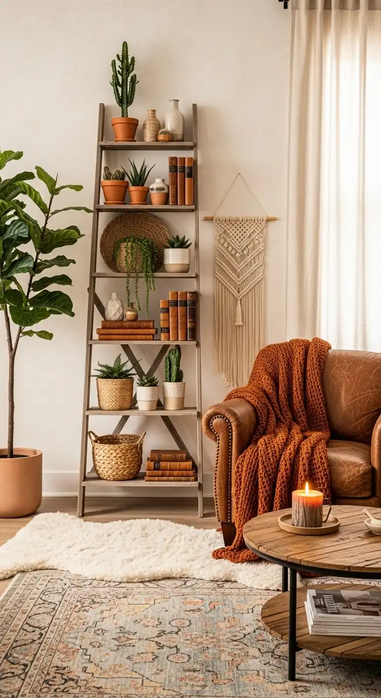 Boho and Rustic Decor Ideas to Create Cozy, Stylish Homes 21 19. Decorative Ladder Shelves