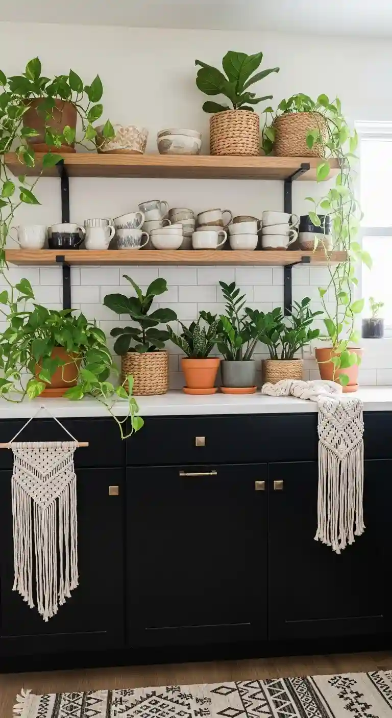 35 Boho Kitchen Black Cabinet Ideas to Elevate Your Space 21 19. Incorporate Indoor Plants on Open Shelves