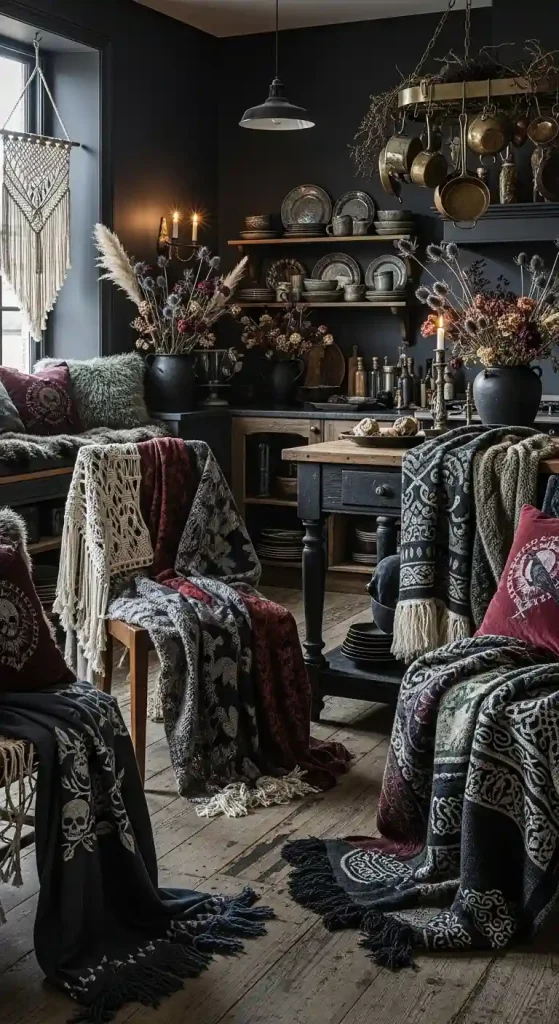 32 Stunning Boho Kitchen Goth Ideas for Dramatic Style 21 19. Layered Plush Boho Textiles