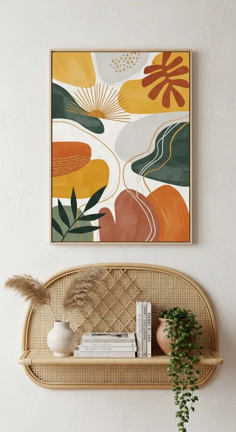 Inspiring Boho Abstract Wall Art Ideas for Your Home 21 19. Rattan Wall Shelves
