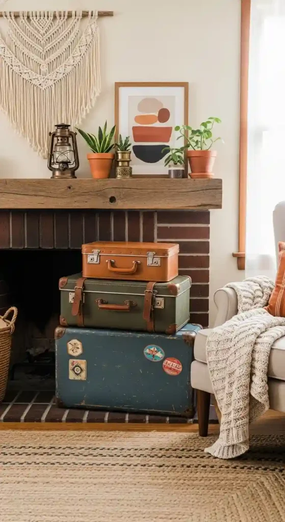 34 Stunning Boho Living Room Fireplace Decor Ideas to Inspire 20 19. Vintage Suitcases
