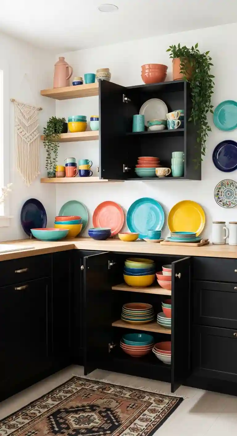 35 Boho Kitchen Black Cabinet Ideas to Elevate Your Space 22 20. Black Cabinets with Colorful Pottery Displays
