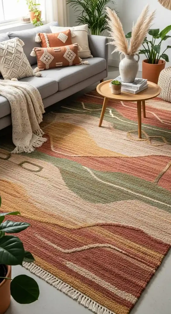 Chic Boho Living Room Rug Ideas for a Grey Couch – 35 Inspiring Looks 21 20. Earthy Toned Wool Rugs