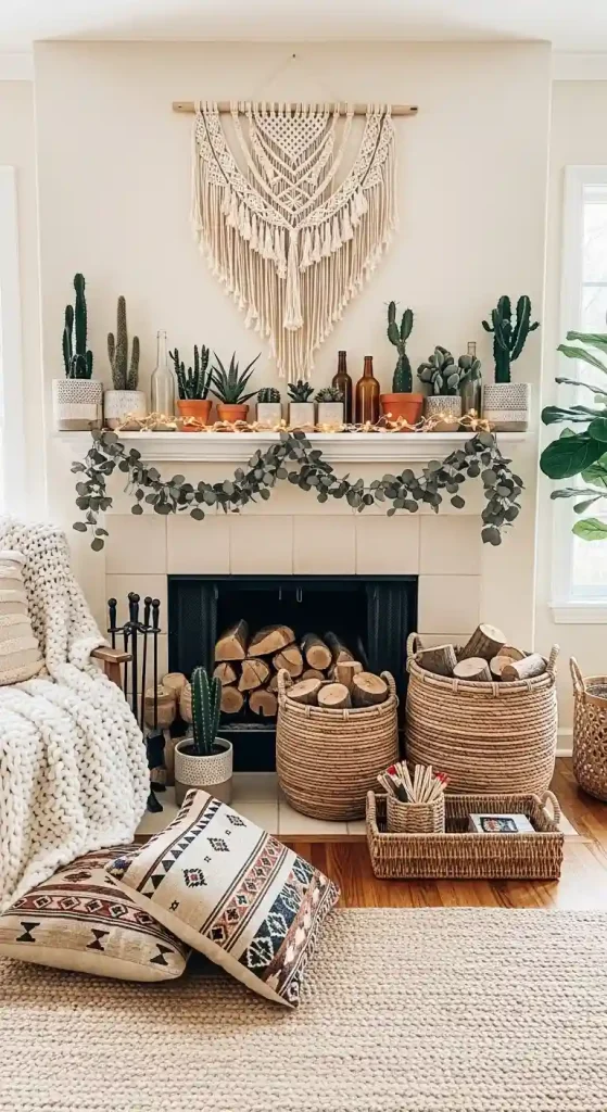 34 Stunning Boho Living Room Fireplace Decor Ideas to Inspire 21 20. Wicker Baskets for Logs