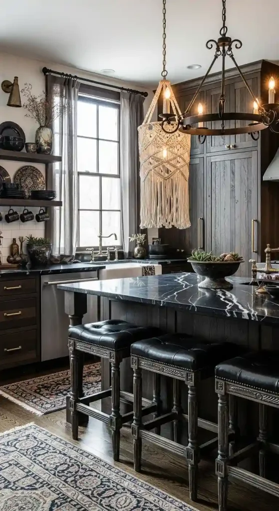 32 Stunning Boho Kitchen Goth Ideas for Dramatic Style 23 21. Black Leather Bar Stools