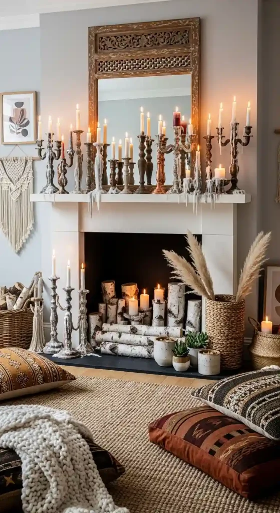 34 Stunning Boho Living Room Fireplace Decor Ideas to Inspire 22 21. Boho-Inspired Candelabras