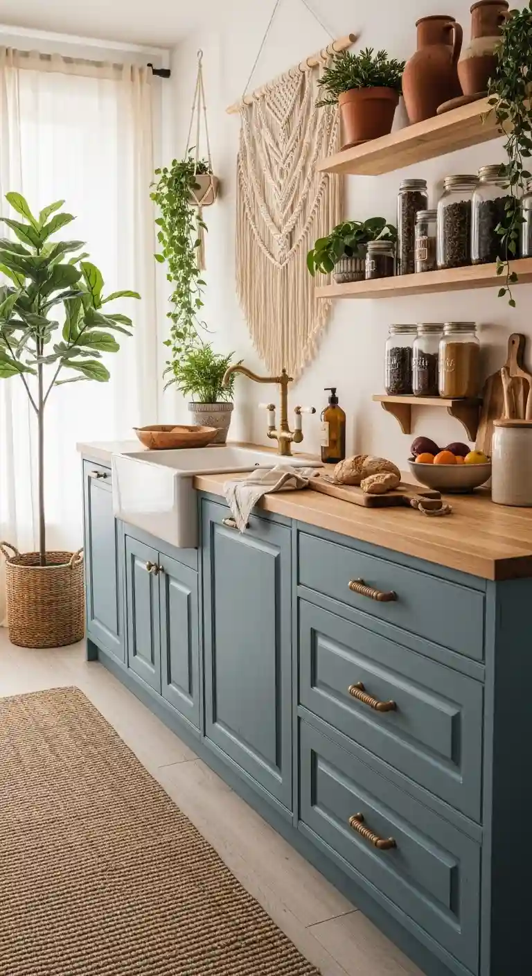 32 Boho Kitchen Blue Color Schemes for a Chic, Vibrant Look 23 21. Soft Blue Drawer Fronts with Natural Wood Counters