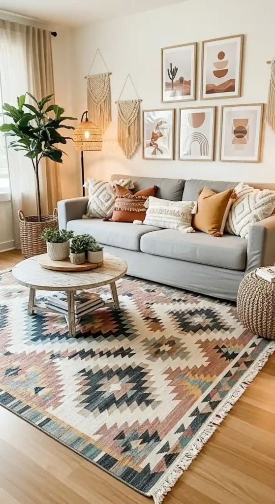 Chic Boho Living Room Rug Ideas for a Grey Couch – 35 Inspiring Looks 22 21. Southwestern Style Rugs