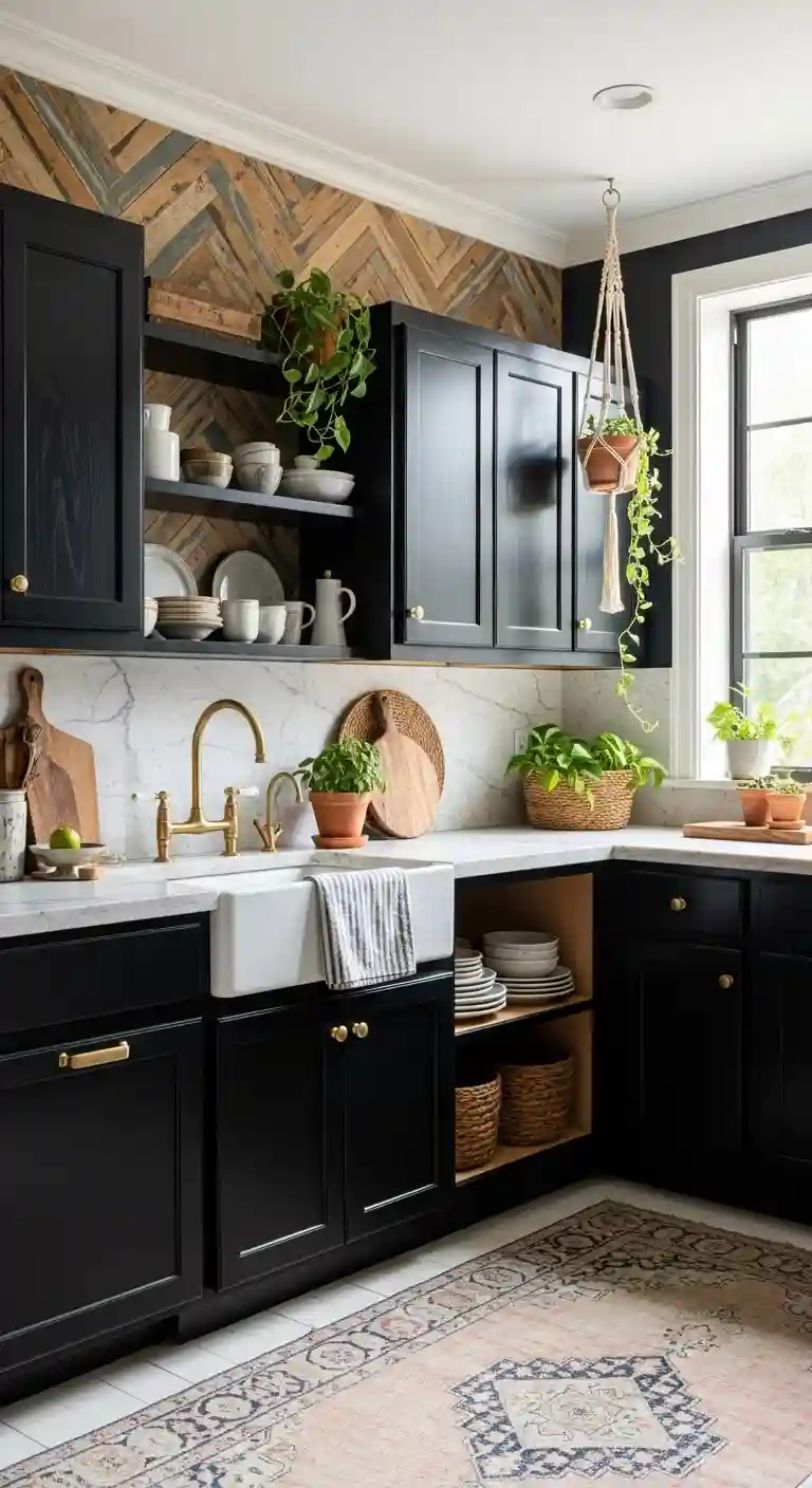 35 Boho Kitchen Black Cabinet Ideas to Elevate Your Space 23 21. Textured Wall Panels Behind Cabinets