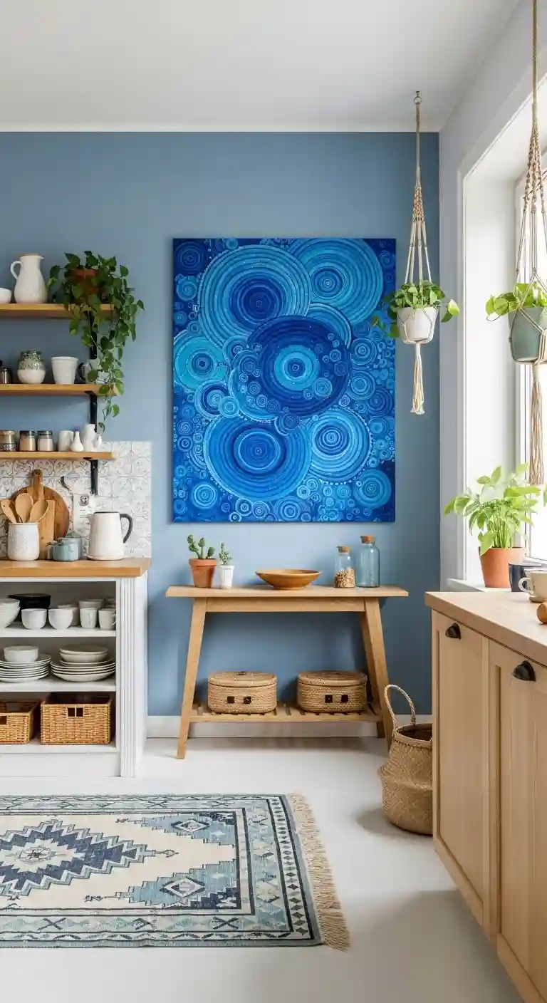 32 Boho Kitchen Blue Color Schemes for a Chic, Vibrant Look 24 22. Cerulean Blue Wall Art