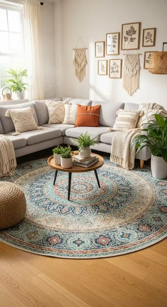 Chic Boho Living Room Rug Ideas for a Grey Couch – 35 Inspiring Looks 23 22. Circular Mandala Rugs