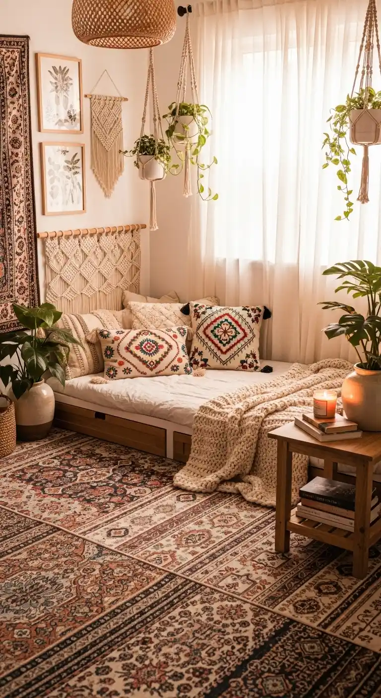 Cozy Boho Bedroom Ideas: 25 Warm and Inviting Styles You’ll Want to Copy 24 22. Eclectic Rug Layers