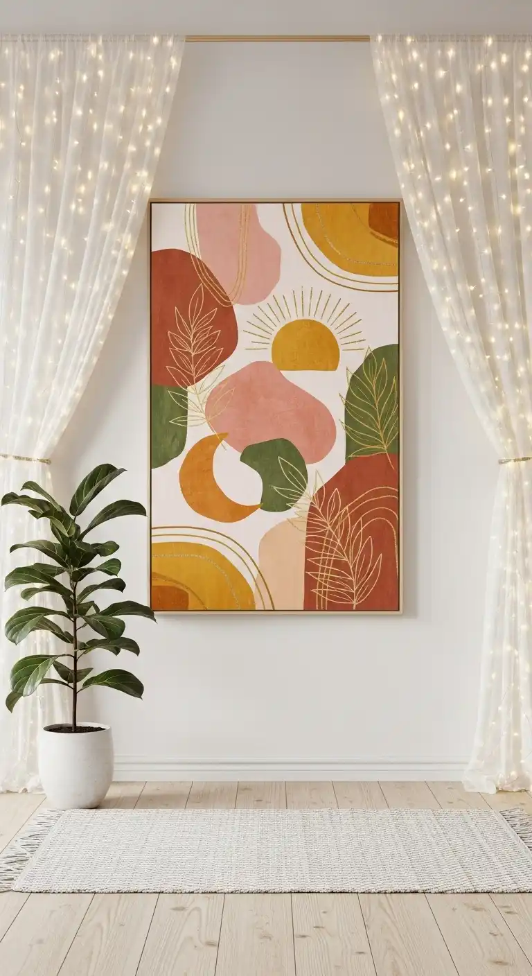 Inspiring Boho Abstract Wall Art Ideas for Your Home 24 22. Fairy Light Drapes
