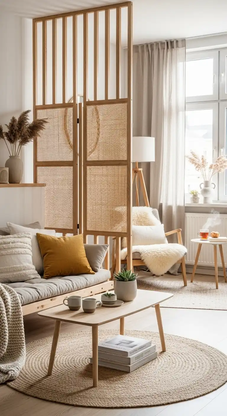 Scandinavian Boho Ideas to Create a Warm Minimalist Space 24 22. Minimalist Room Divider