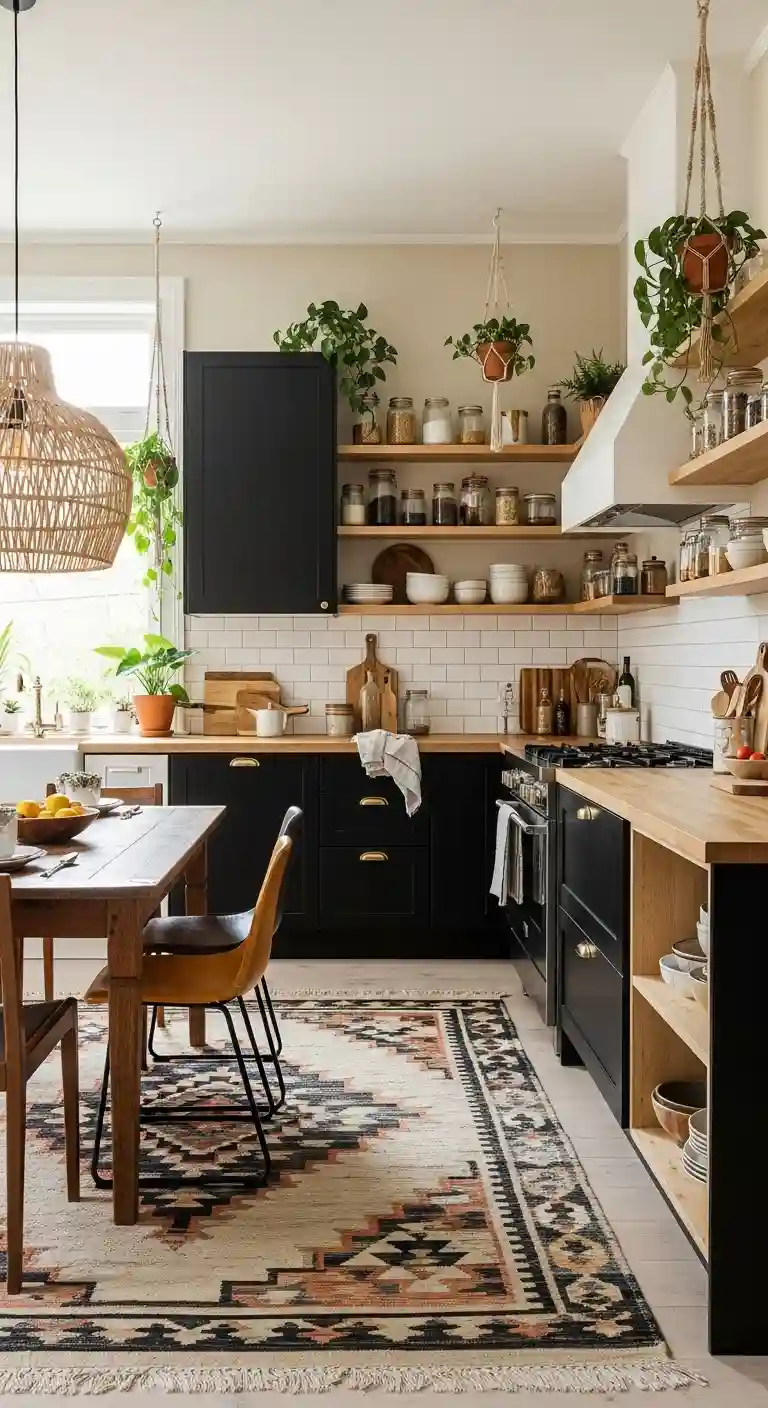 35 Boho Kitchen Black Cabinet Ideas to Elevate Your Space 24 22. Mix Black Cabinets with Warm Neutral Walls