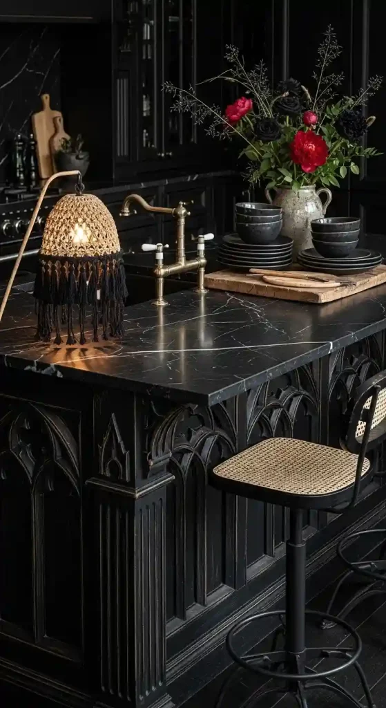 32 Stunning Boho Kitchen Goth Ideas for Dramatic Style 24 22. Moody Black Kitchen Island