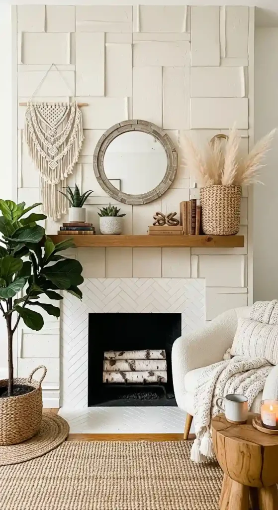 34 Stunning Boho Living Room Fireplace Decor Ideas to Inspire 23 22. Textured Wall Panels