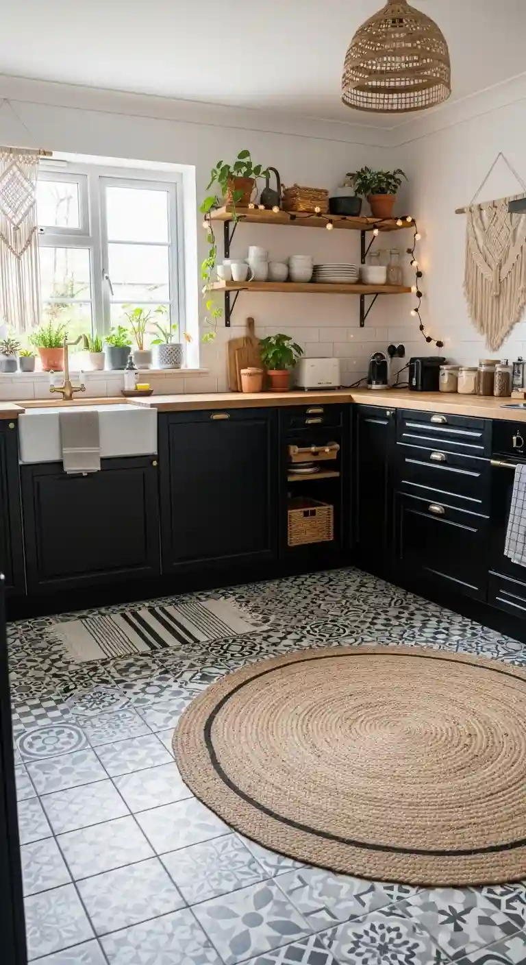 35 Boho Kitchen Black Cabinet Ideas to Elevate Your Space 25 23. Black Cabinets Paired with Patterned Floor Tiles