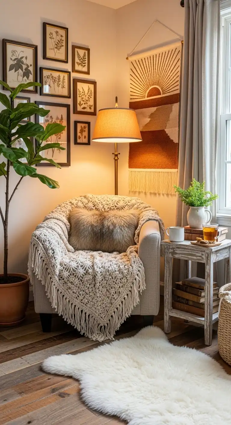 Boho and Rustic Decor Ideas to Create Cozy, Stylish Homes 25 23. Cozy Reading Nook with Floor Lamp