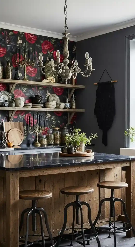 32 Stunning Boho Kitchen Goth Ideas for Dramatic Style 25 23. Dark Floral Wallpaper Accents