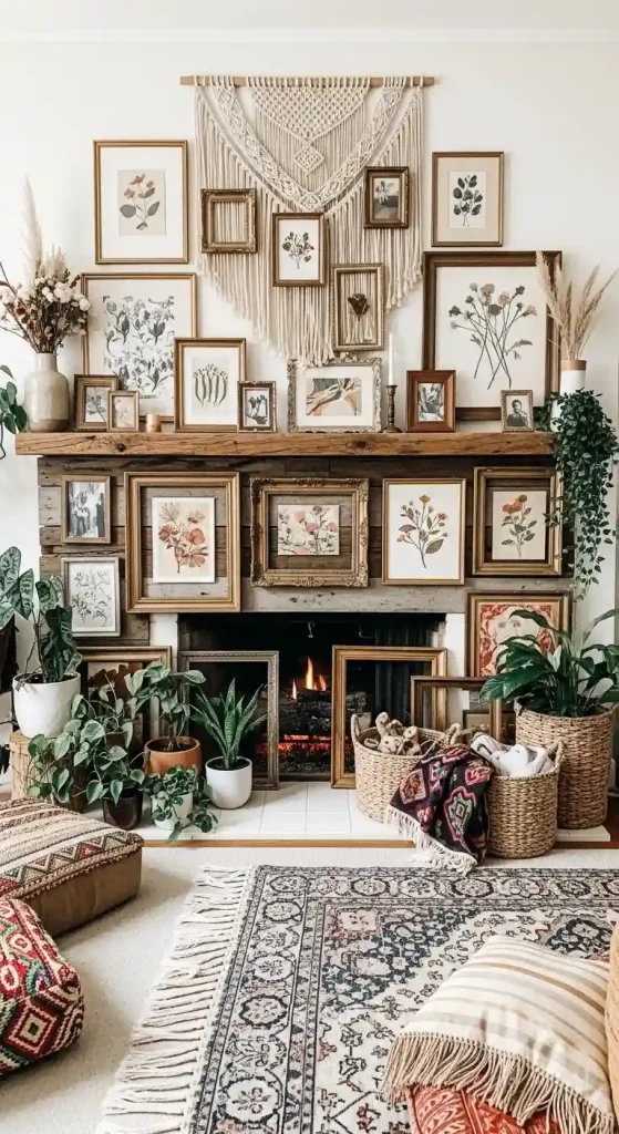 34 Stunning Boho Living Room Fireplace Decor Ideas to Inspire 24 23. Eclectic Picture Frames
