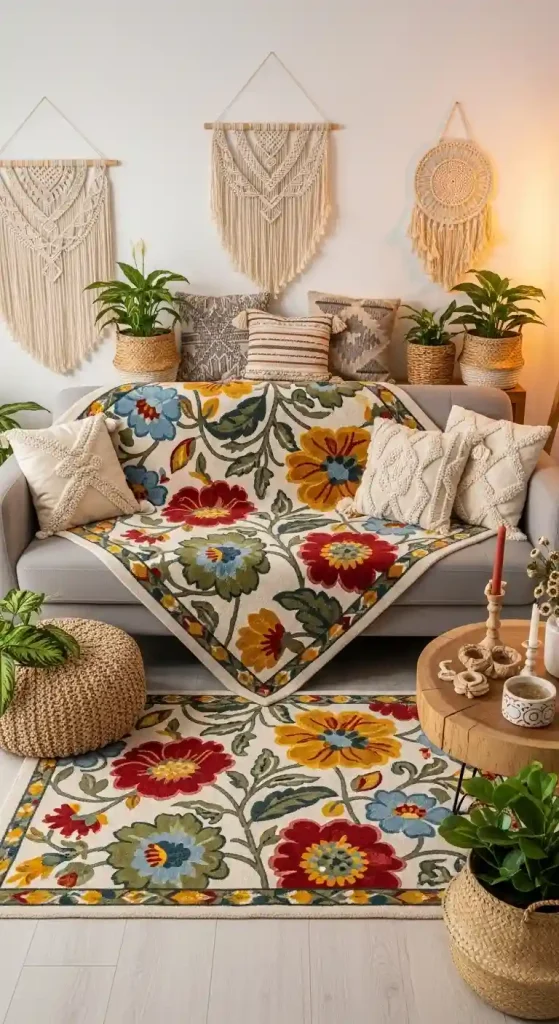 Chic Boho Living Room Rug Ideas for a Grey Couch – 35 Inspiring Looks 24 23. Floral Motif Rugs