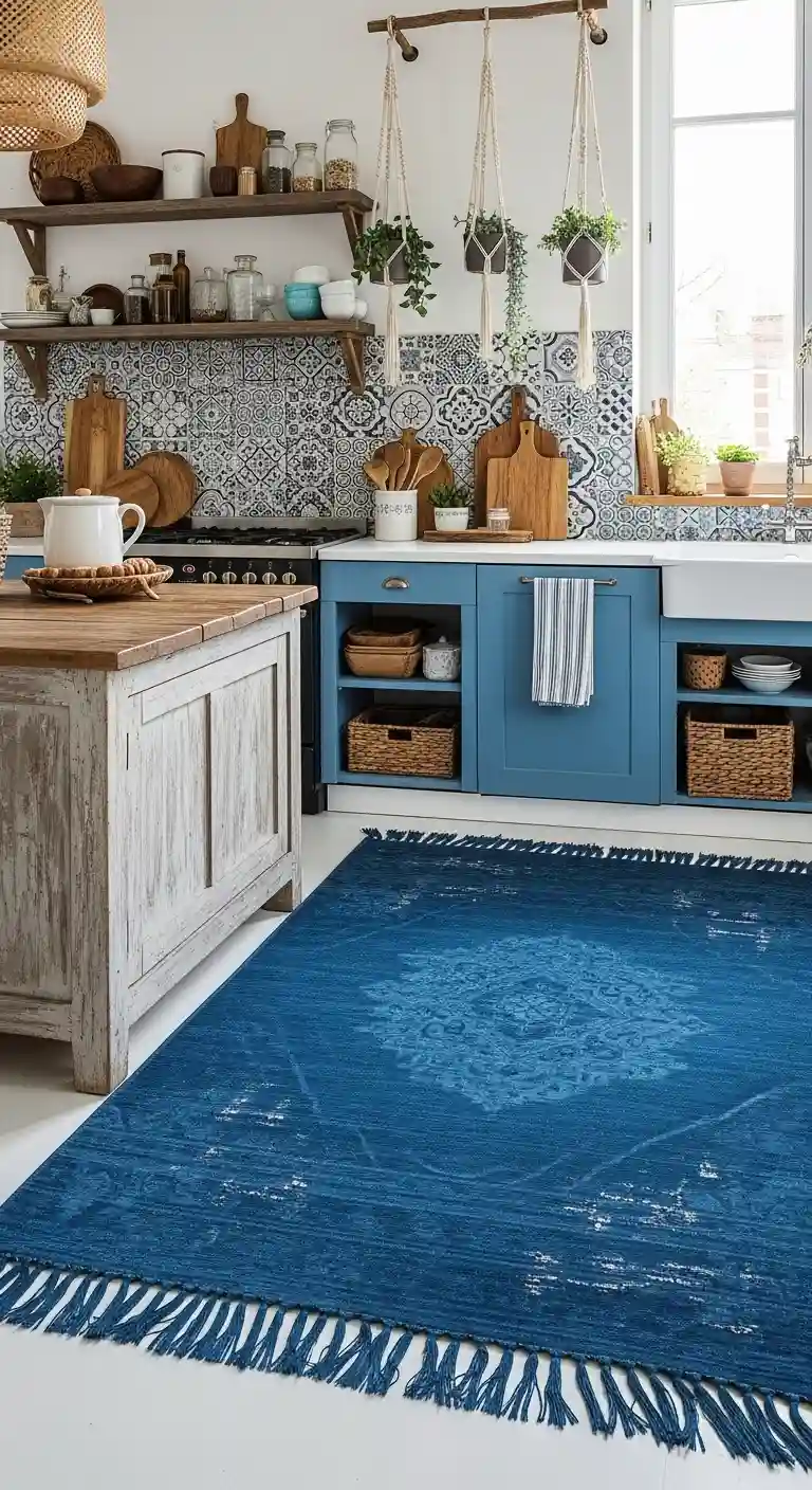 32 Boho Kitchen Blue Color Schemes for a Chic, Vibrant Look 25 23. Ocean Blue Kitchen Rug with Fringe