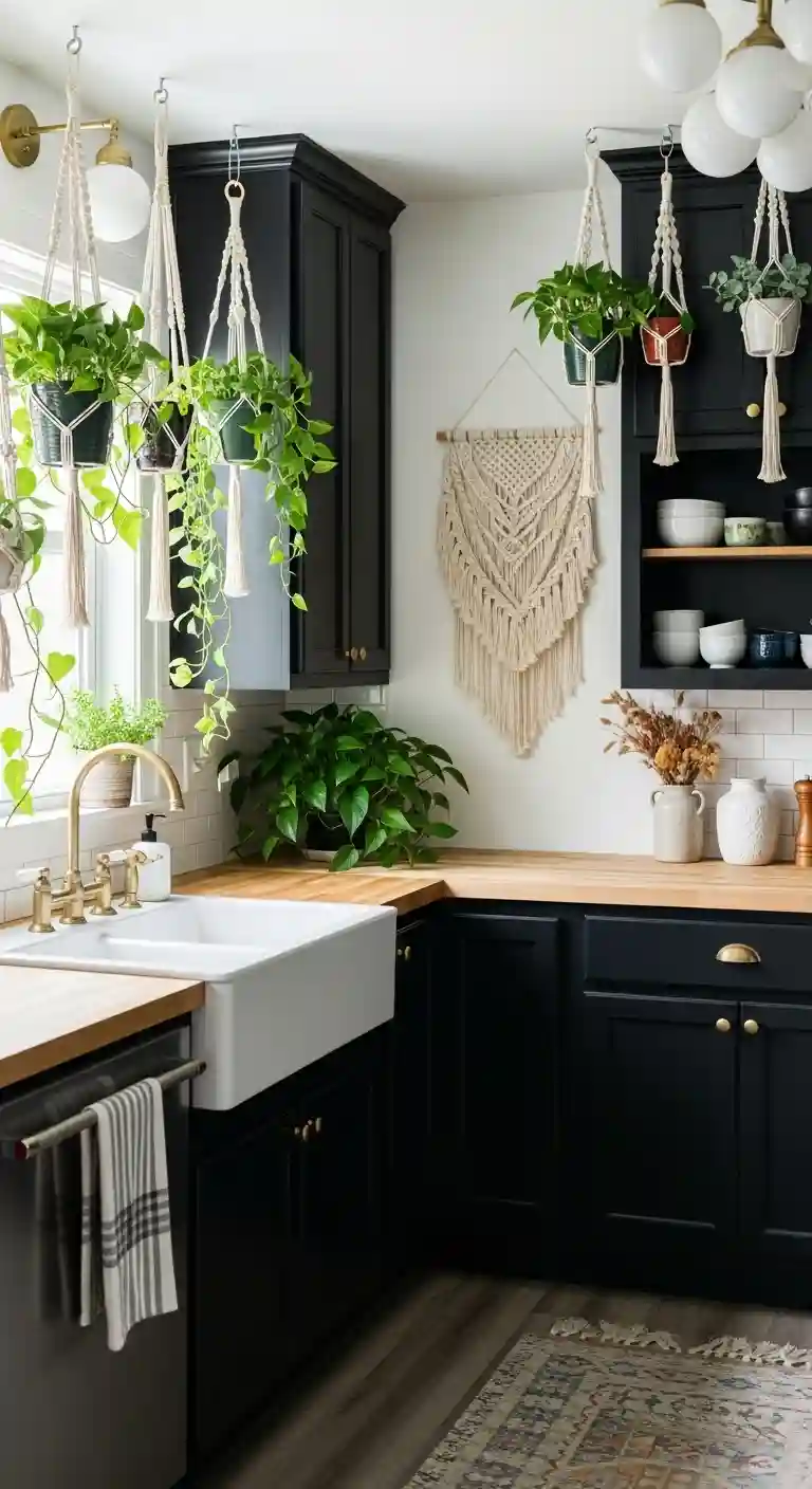 35 Boho Kitchen Black Cabinet Ideas to Elevate Your Space 26 24. Add Macramé Plant Hangers Nearby
