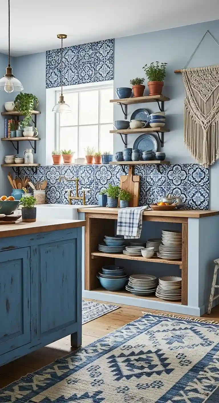 32 Boho Kitchen Blue Color Schemes for a Chic, Vibrant Look 26 24. Blue Floral Tile Accents