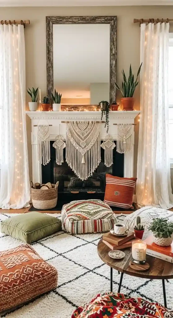 34 Stunning Boho Living Room Fireplace Decor Ideas to Inspire 25 24. Fairy Lights Drapery
