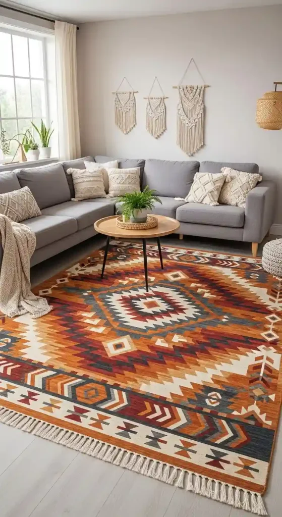 Chic Boho Living Room Rug Ideas for a Grey Couch – 35 Inspiring Looks 25 24. Geometric Tribal Rugs