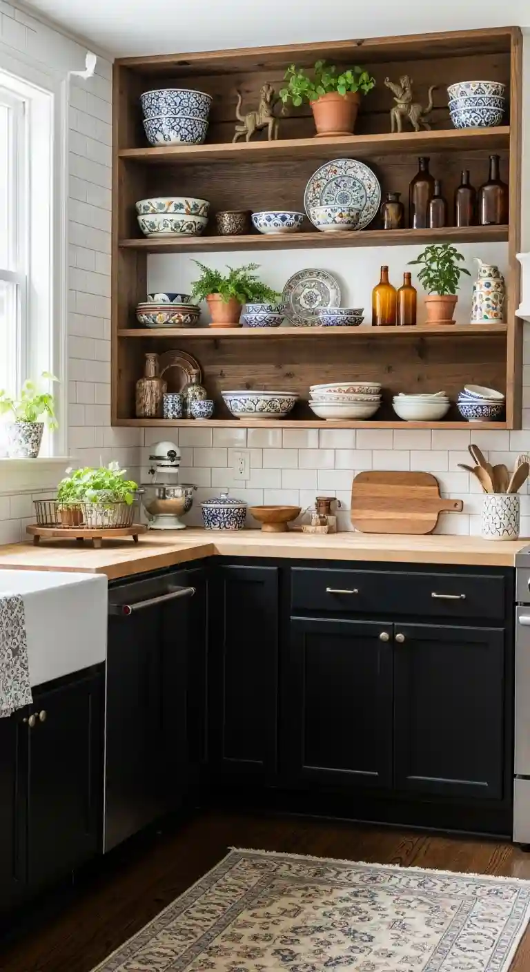 35 Boho Kitchen Black Cabinet Ideas to Elevate Your Space 27 25. Black Cabinets with Open Shelves Featuring Vintage Finds