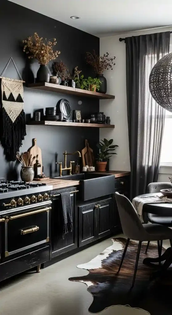 32 Stunning Boho Kitchen Goth Ideas for Dramatic Style 27 25. Dark Wood Floating Shelves