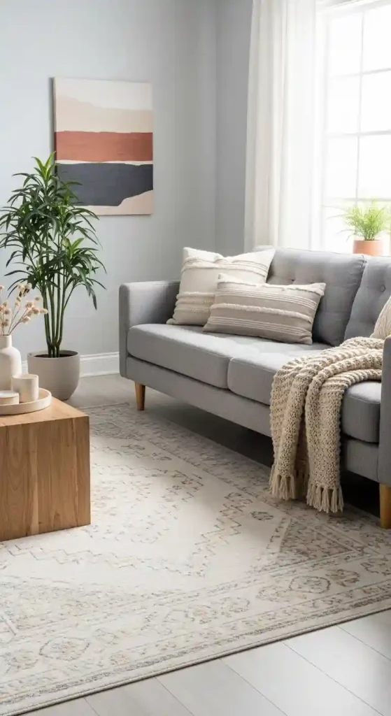 Chic Boho Living Room Rug Ideas for a Grey Couch – 35 Inspiring Looks 26 25. Minimalist Neutral Rugs