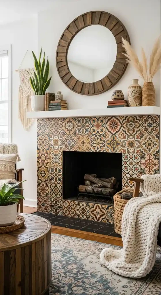 34 Stunning Boho Living Room Fireplace Decor Ideas to Inspire 26 25. Patterned Tile Surround