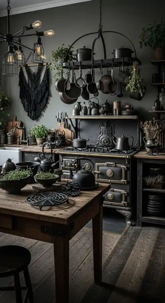 32 Stunning Boho Kitchen Goth Ideas for Dramatic Style 28 26. Antique Black Ironware