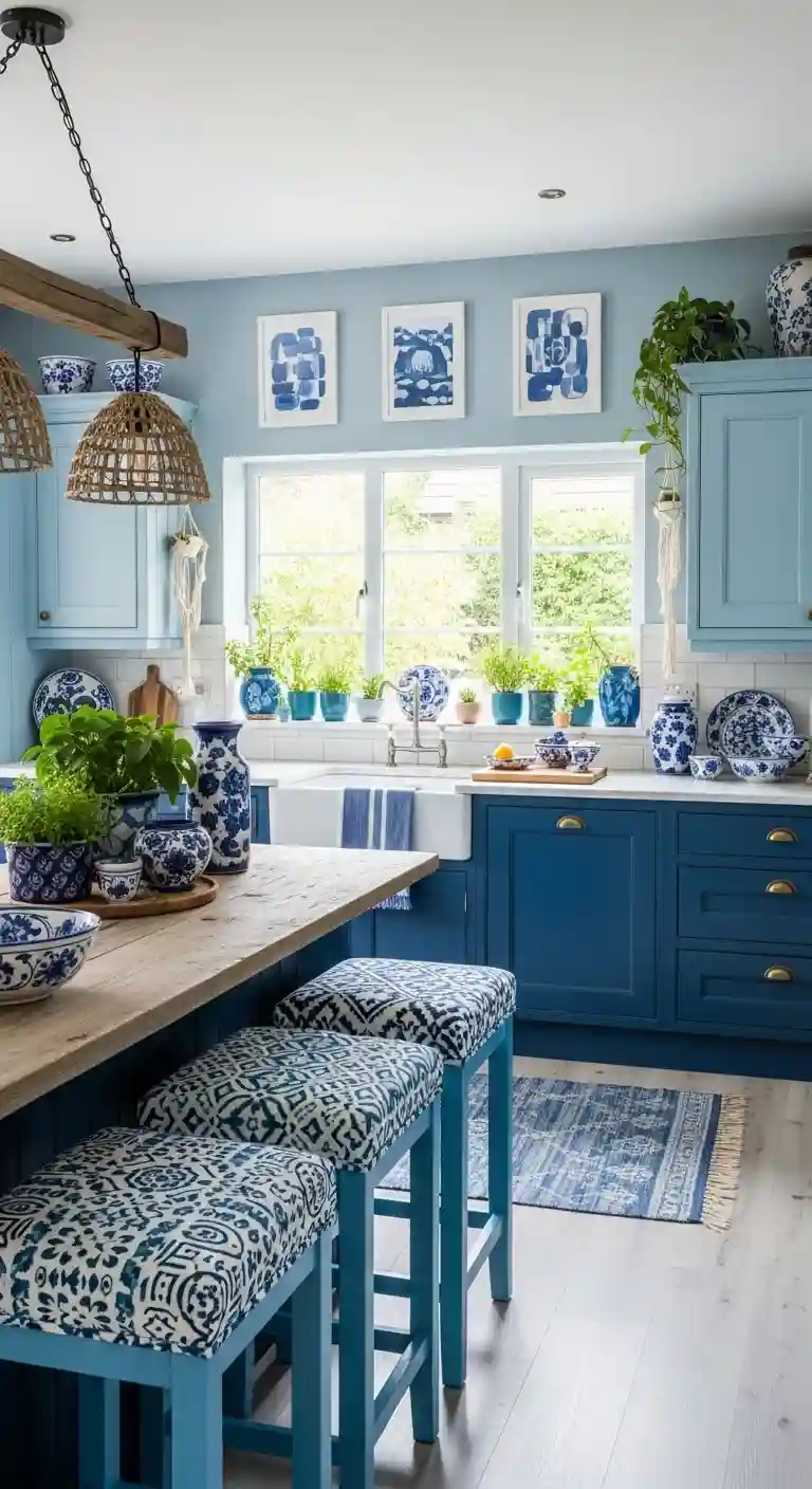 32 Boho Kitchen Blue Color Schemes for a Chic, Vibrant Look 28 26. Blue Counter Stools with Patterned Cushions