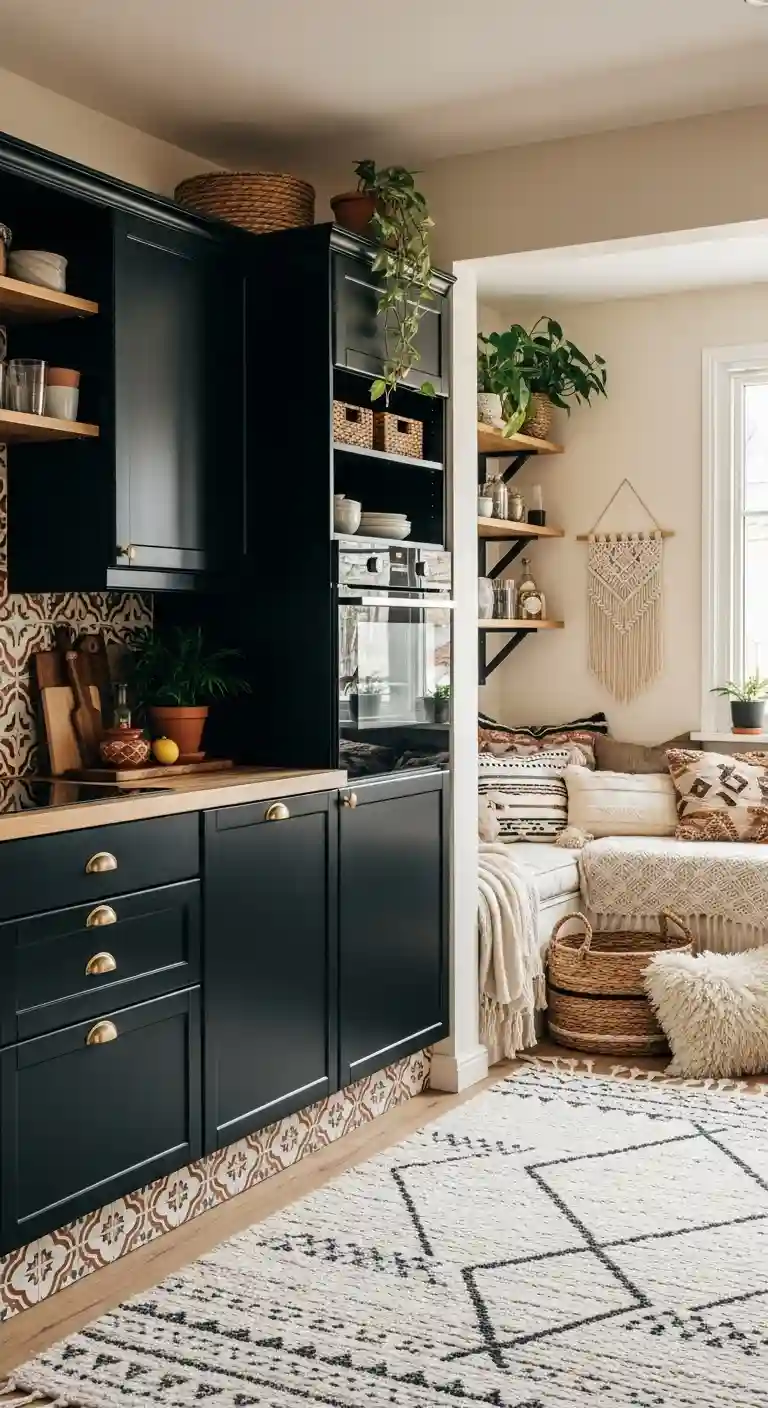 35 Boho Kitchen Black Cabinet Ideas to Elevate Your Space 28 26. Incorporate Soft Textile Elements in Adjacent Areas