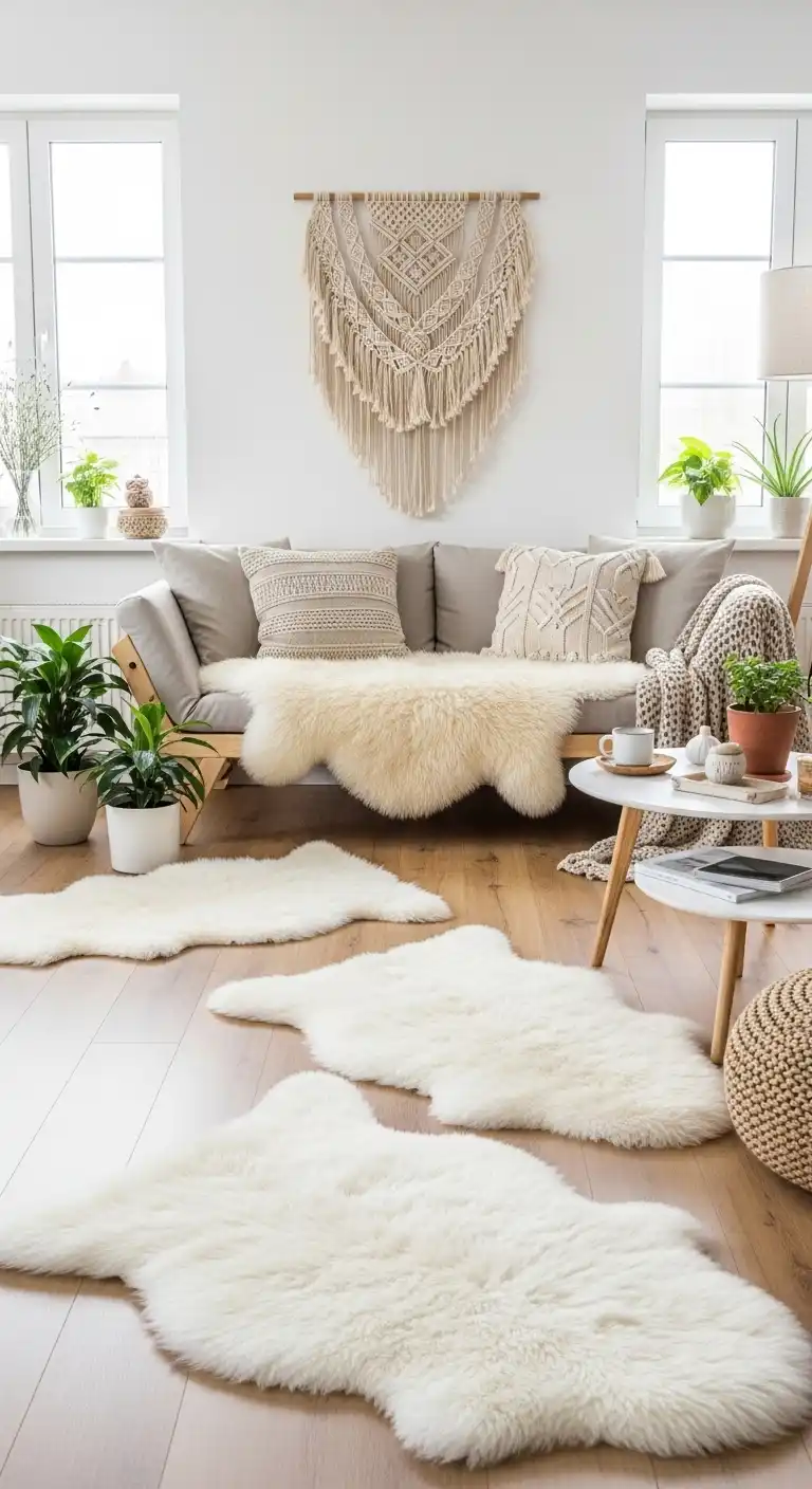 Scandinavian Boho Ideas to Create a Warm Minimalist Space 28 26. Sheepskin Rug Journey