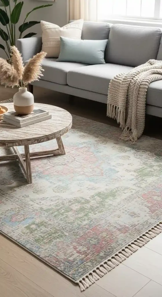 Chic Boho Living Room Rug Ideas for a Grey Couch – 35 Inspiring Looks 27 26. Soft Pastel Rugs