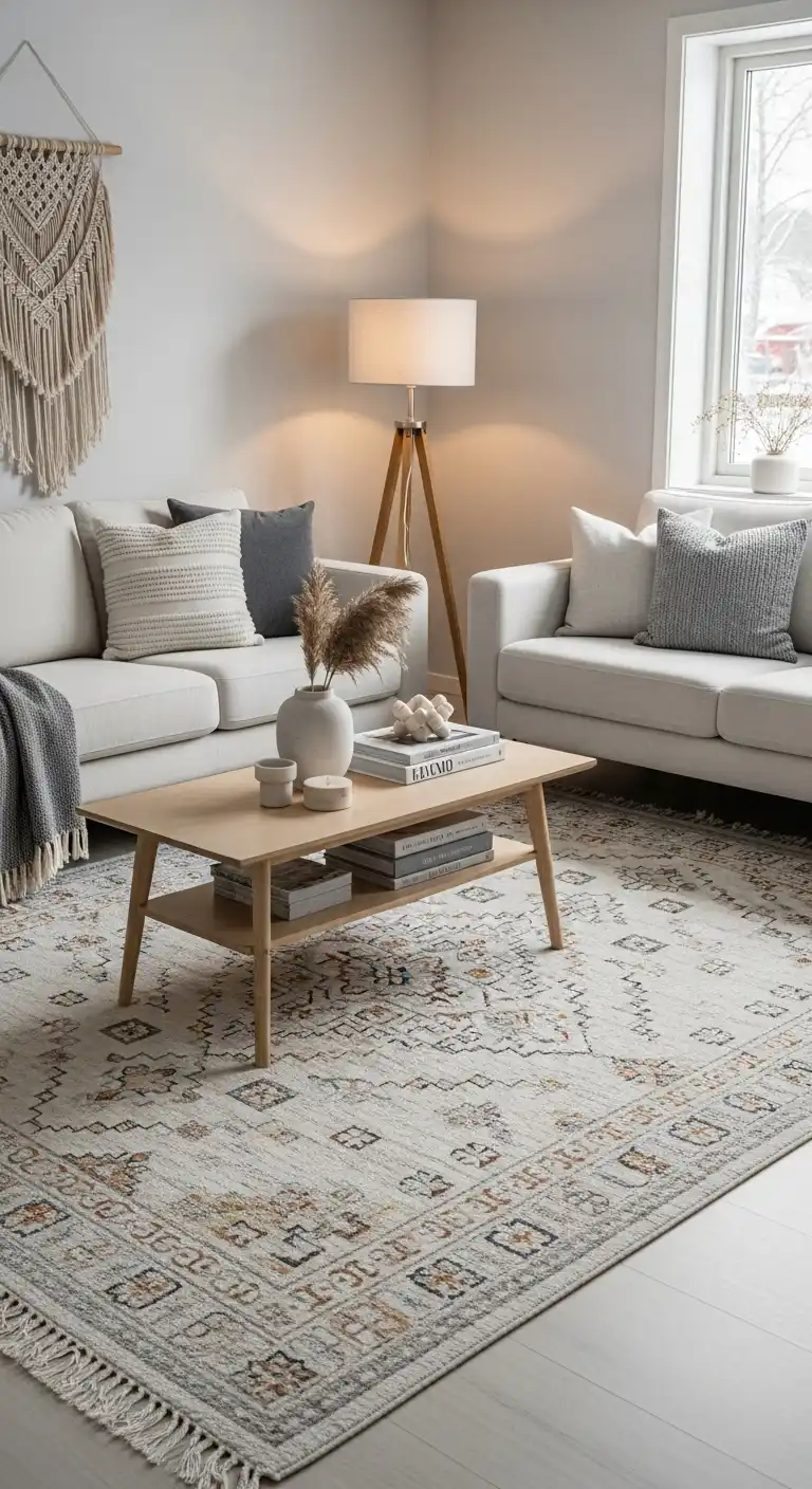 Scandinavian Boho Ideas to Create a Warm Minimalist Space 29 27. Balancing Neutral Statement Rug