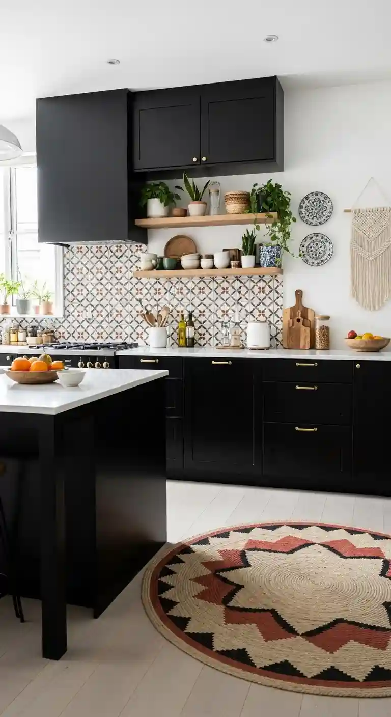 35 Boho Kitchen Black Cabinet Ideas to Elevate Your Space 29 27. Black Cabinets with Bold Geometric Backsplash