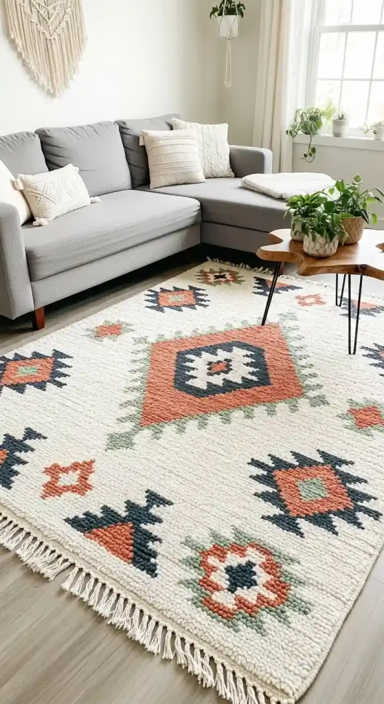 Chic Boho Living Room Rug Ideas for a Grey Couch – 35 Inspiring Looks 28 27. Hand-Knotted Textures