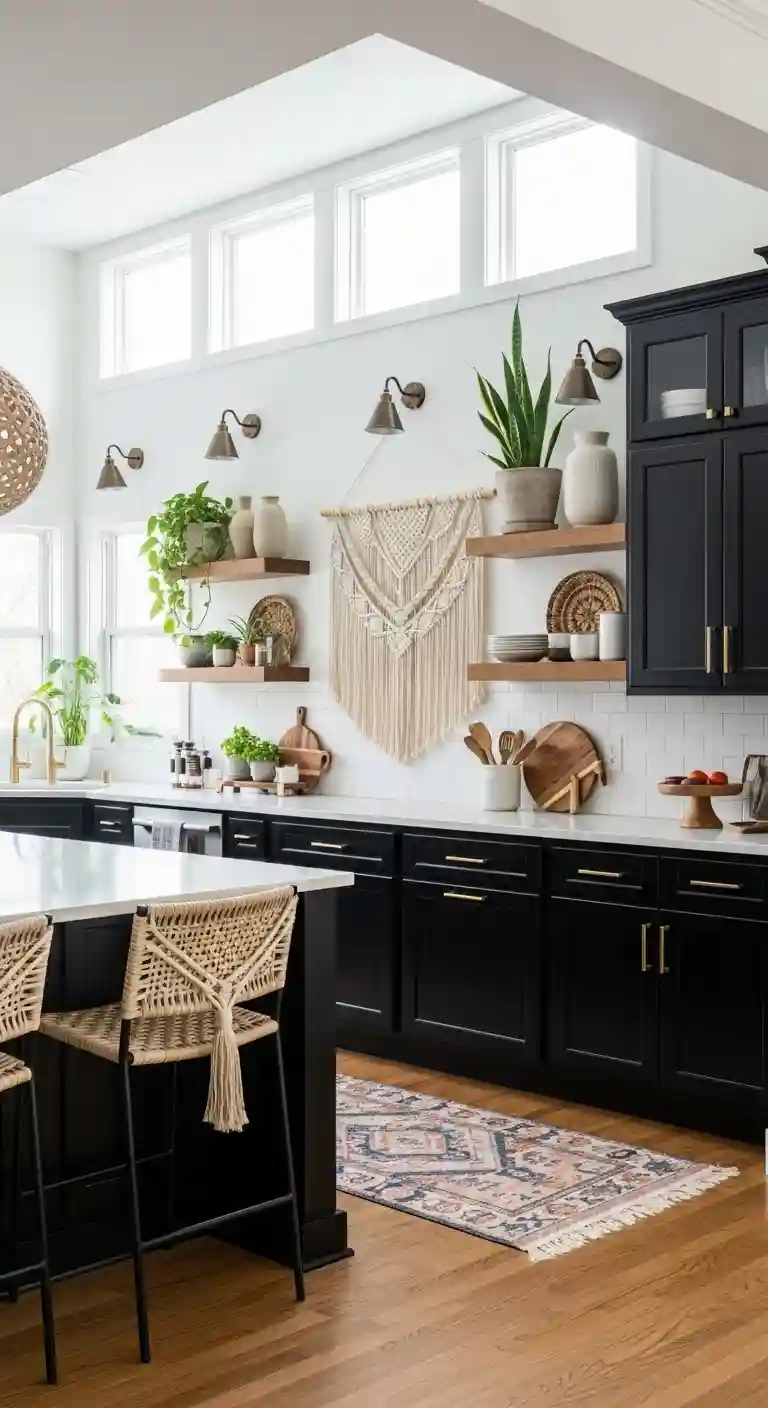 35 Boho Kitchen Black Cabinet Ideas to Elevate Your Space 30 28. Black Cabinets in Open-Concept Kitchens