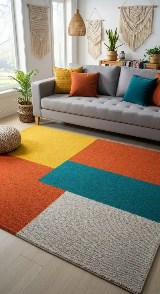 Chic Boho Living Room Rug Ideas for a Grey Couch – 35 Inspiring Looks 29 28. Bold Color Block Rugs