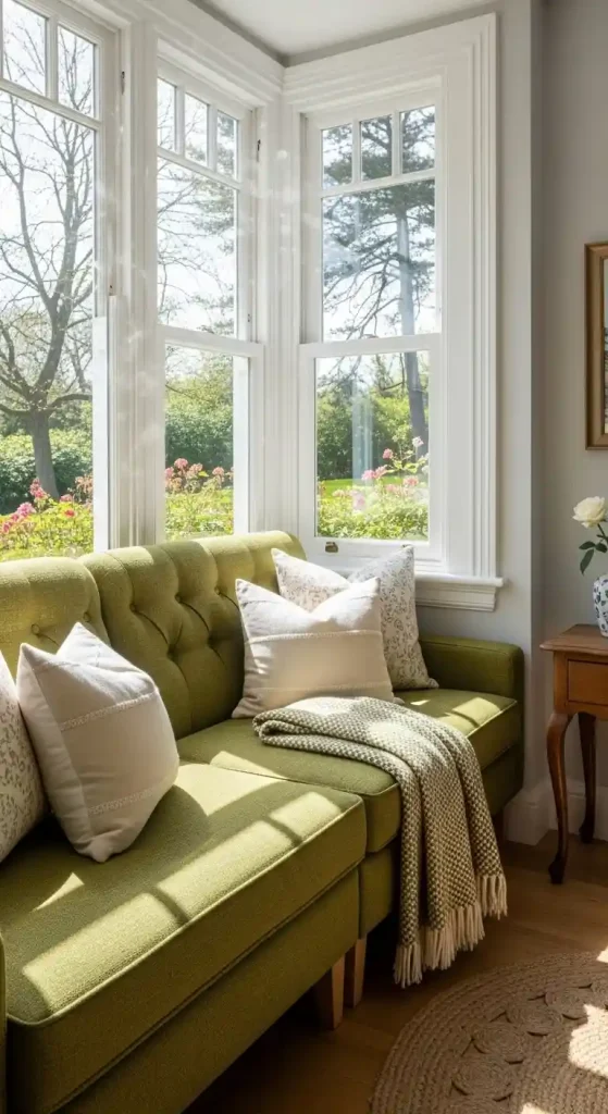 32 Vibrant Boho Living Room Olive Green Ideas for Natural Elegance 29 28. Olive Green Window Seats