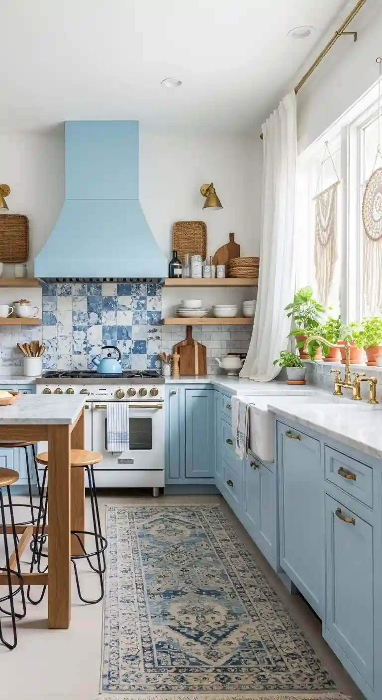 32 Boho Kitchen Blue Color Schemes for a Chic, Vibrant Look 30 28. Sky Blue Range Hood